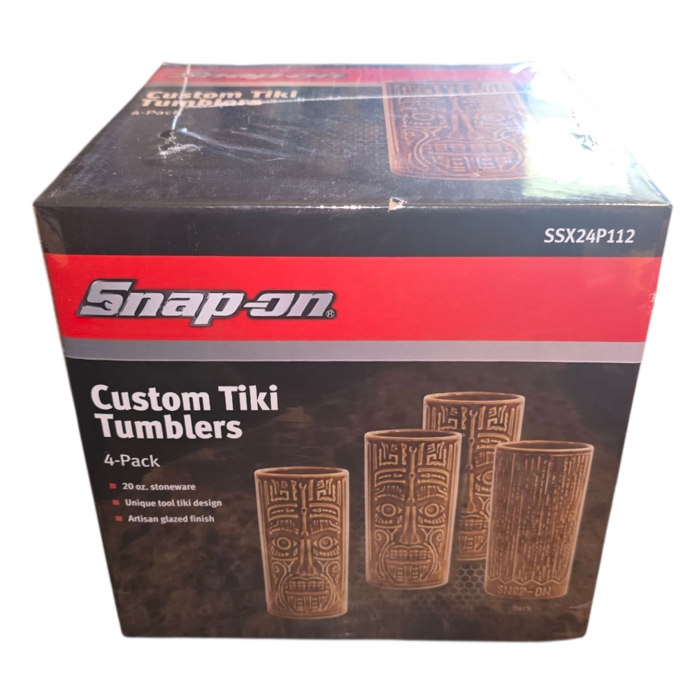 New Snap-On Custom Tiki Tumblers Set of 4 Stoneware 20oz